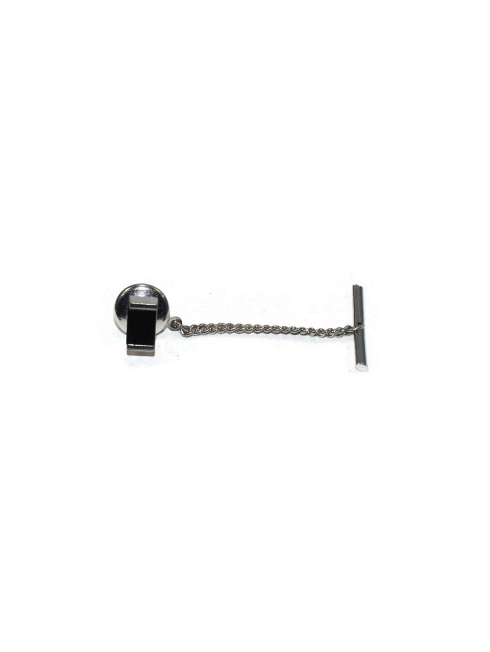 Vintage Swank Silver Tone and Black Plastic Rectangular Tie Tack with Chain.